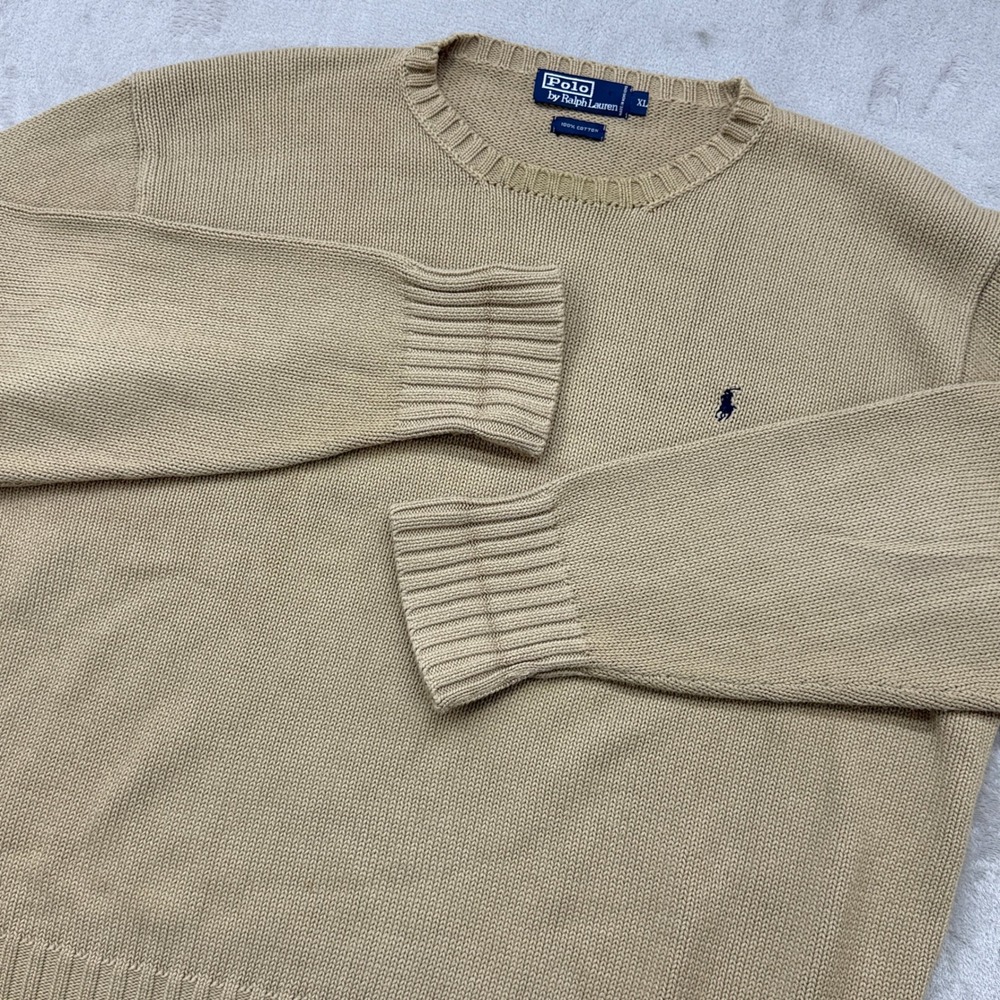 Vintage Polo Ralph Lauren Sweater Men XL Tan Cotton Crewneck Pony Long Sleeve
